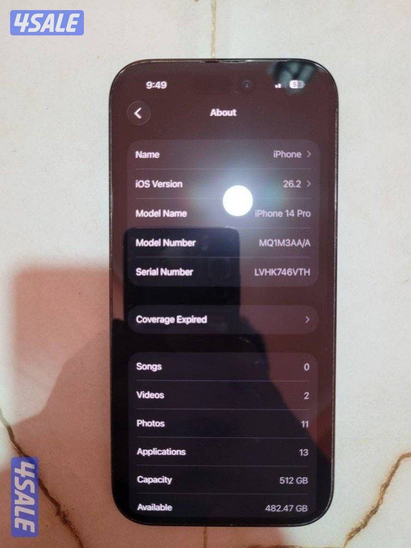ابل ايفون ١٤ برو ٥١٢ جيجا بطارية ٨٨ مع شاحن بدور كرتون توصيل مجاني3