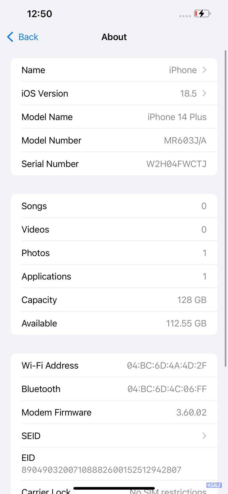 ايفون 14 بلس  128 جيجا – أصفر iPhone 14 Plus 128GB Yellow  Battery %8610