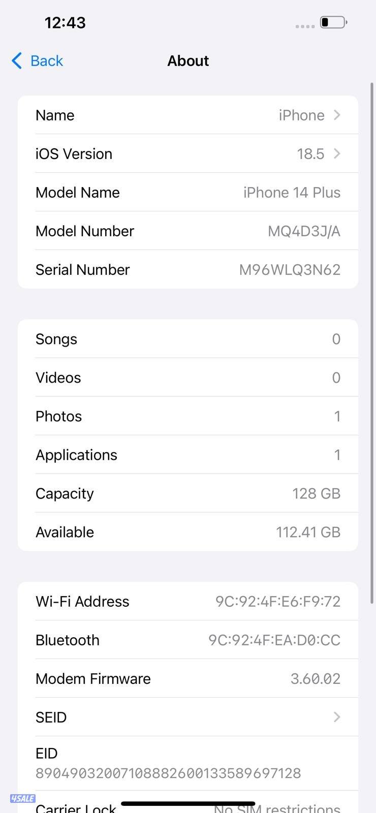 ايفون 14 بلس – 128 جيجا – أبيض iPhone 14 Plus 128GB White – Battery 8311