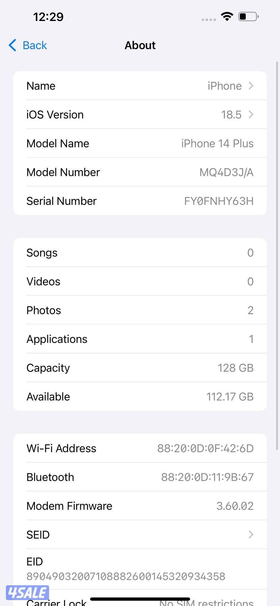 ايفون 14 بلس – 128 جيجا – أبيض iPhone 14 Plus 128GB White –Battery %8811
