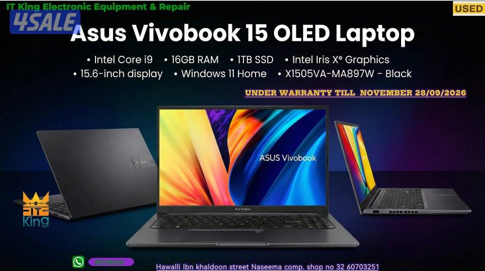 Asus Vivobook 15 OLED Laptop, Intel Core i9, 16GB RAM, 1TB SSD, Intel0