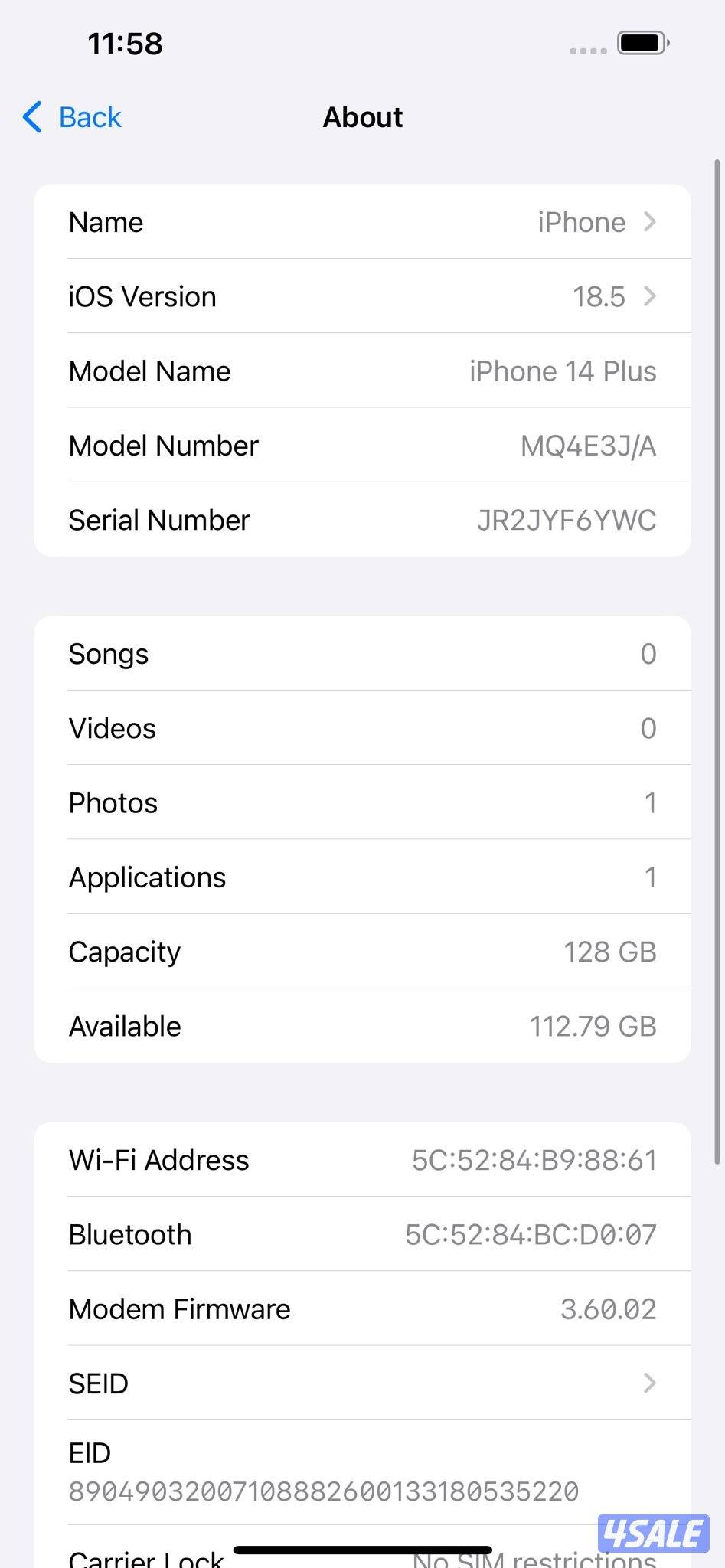 ايفون 14 بلس – 128 جيجا – 84% iPhone 14 Plus 128GB Purple – Battery10