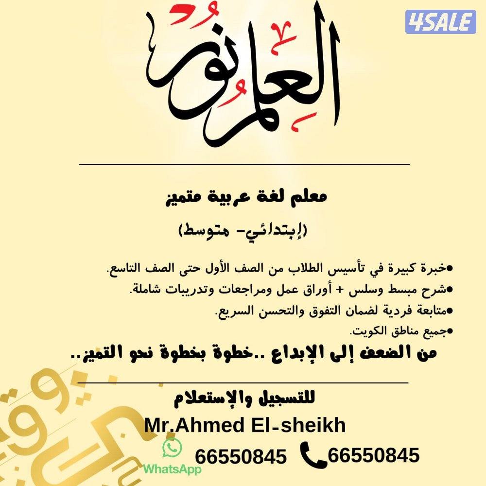 مدرس لغة عربية (متوسط-إبتدائي) وتأسيس ضعاف القراءة والكتابة0