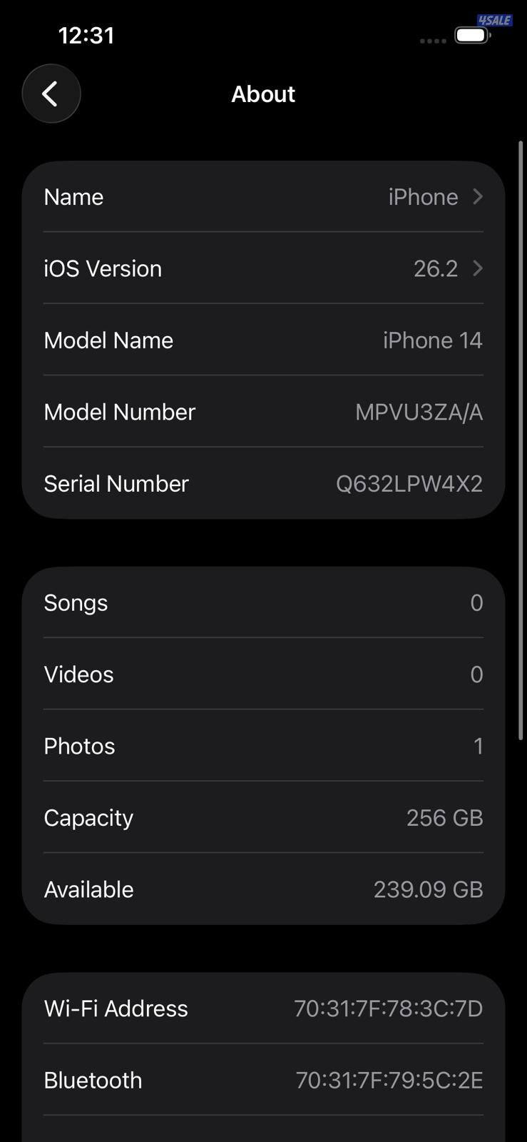 iPhone 14 256GB Black – Battery 82% ايفون 14 (شريحتين اتصال) 256 جيجا8