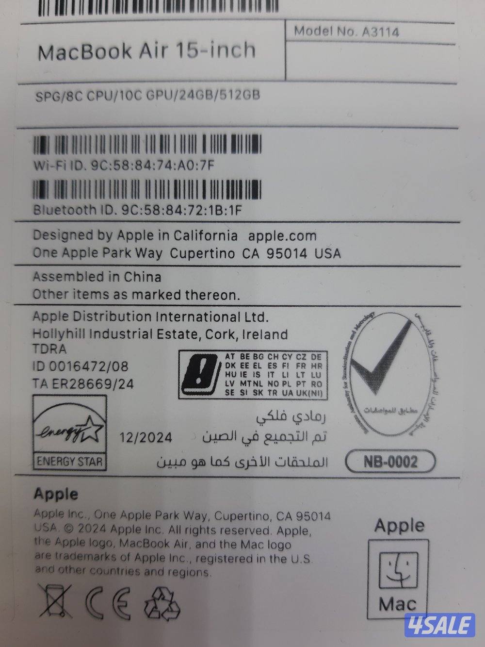 يوجد لدينا ماك بوك إير M3 شاشة 15.3 رام 24 / 512 SSD جديد كفالة ١سنة1