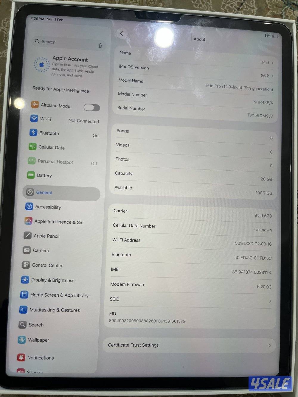 ايبادابرو12.9 الجيل الخامس يأخذ شريحه 5g قيقا128 كامل اغراض نضيف1