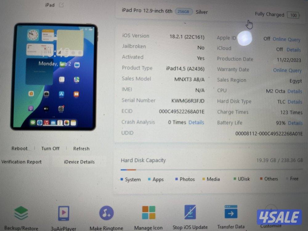 ايباد برو 12.9 بوصة 256 قيقا بطارية 93 ام تو m2 الجيل السادس نظيف حيل3