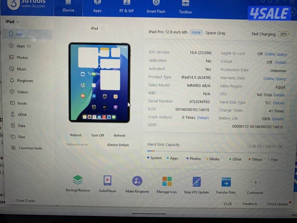ايباد ابل برو 12.9 انش 256قيقا بايت الجيل 6 ام تو m2بطارية 100 ولا زلغ1