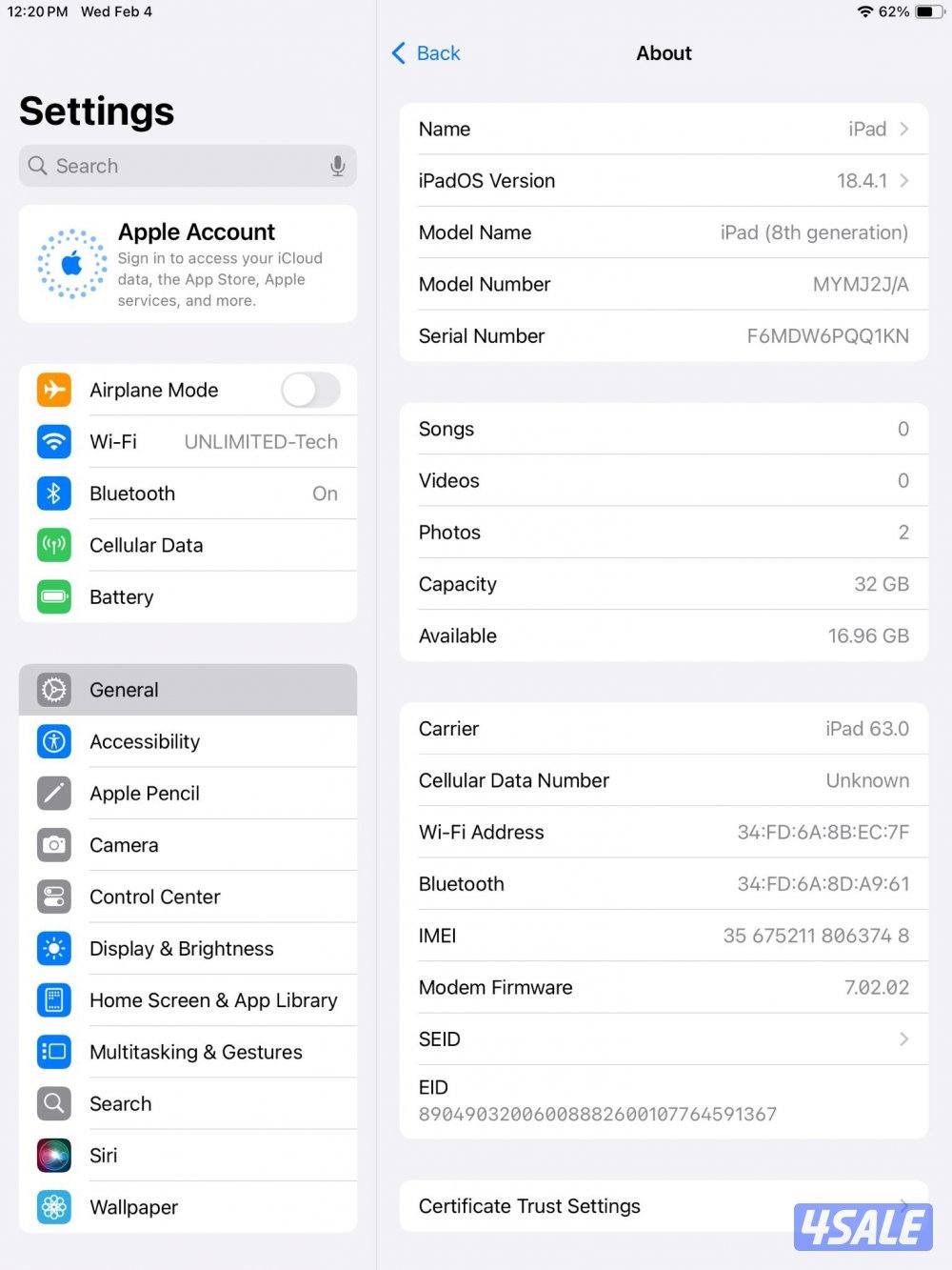 iPad 8th Generation White – 91% ايباد الجيل الثامن 32 جيجا أبيض10