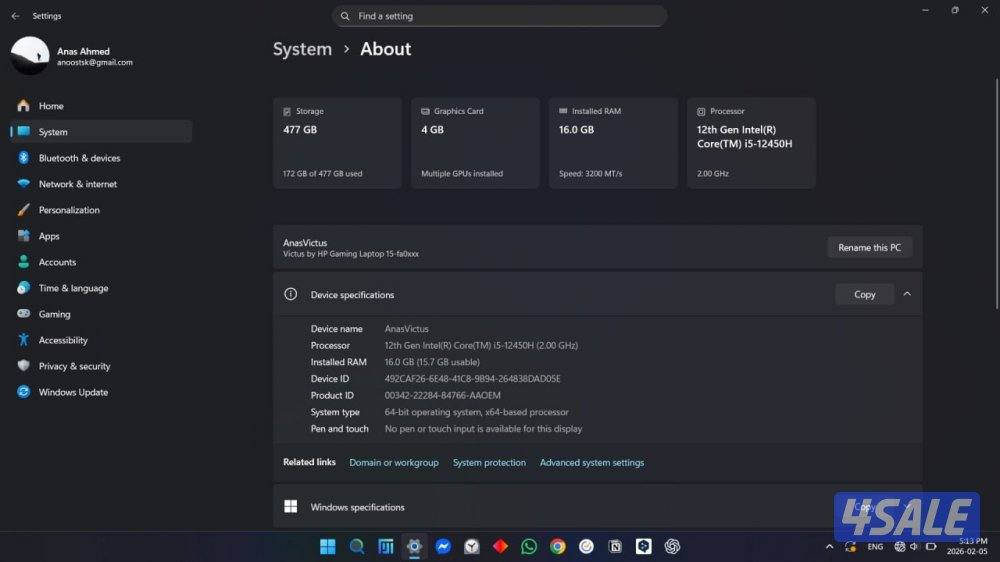 HP Victus Gaming i5 gen12  RAM 16GB  نظيف جداً+ هدايا مجانية1