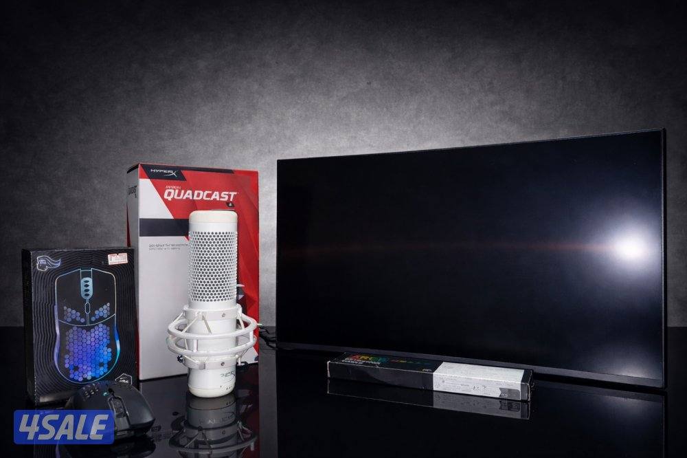 شاشة قيمنق + مايك HyperX + ماوس قلوريس بلوتوث + ستاند + LED0