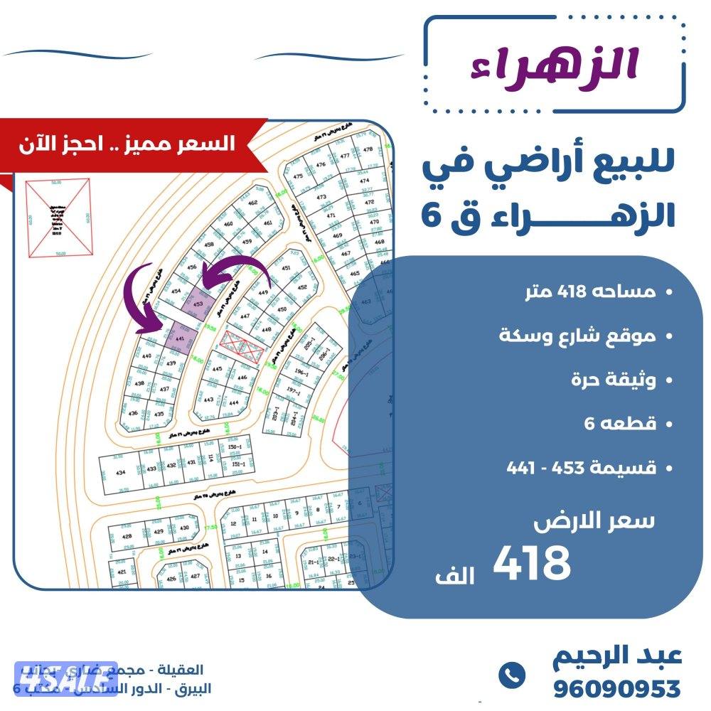 للبيع اراضي في الزهراء الموقع شارع وسكه0