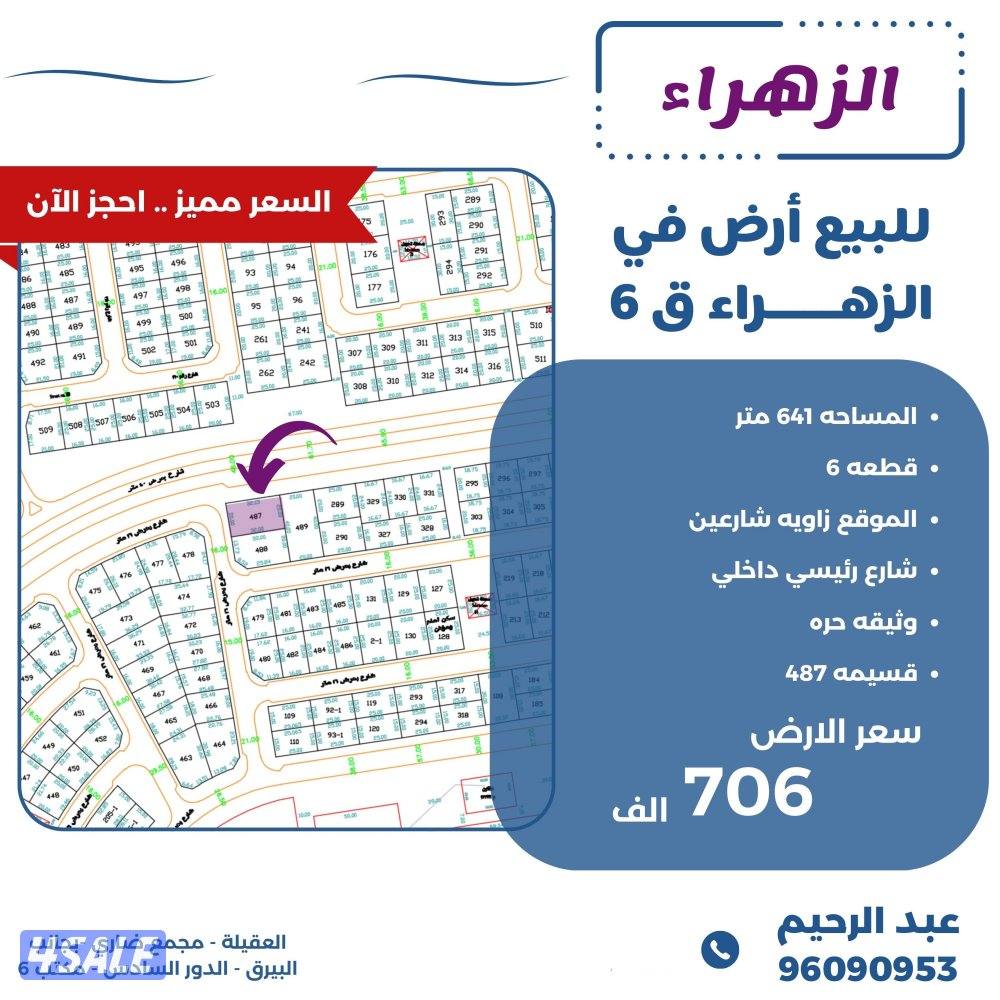 للبيع ارض في الزهراء الموقع زاويه شارعين0