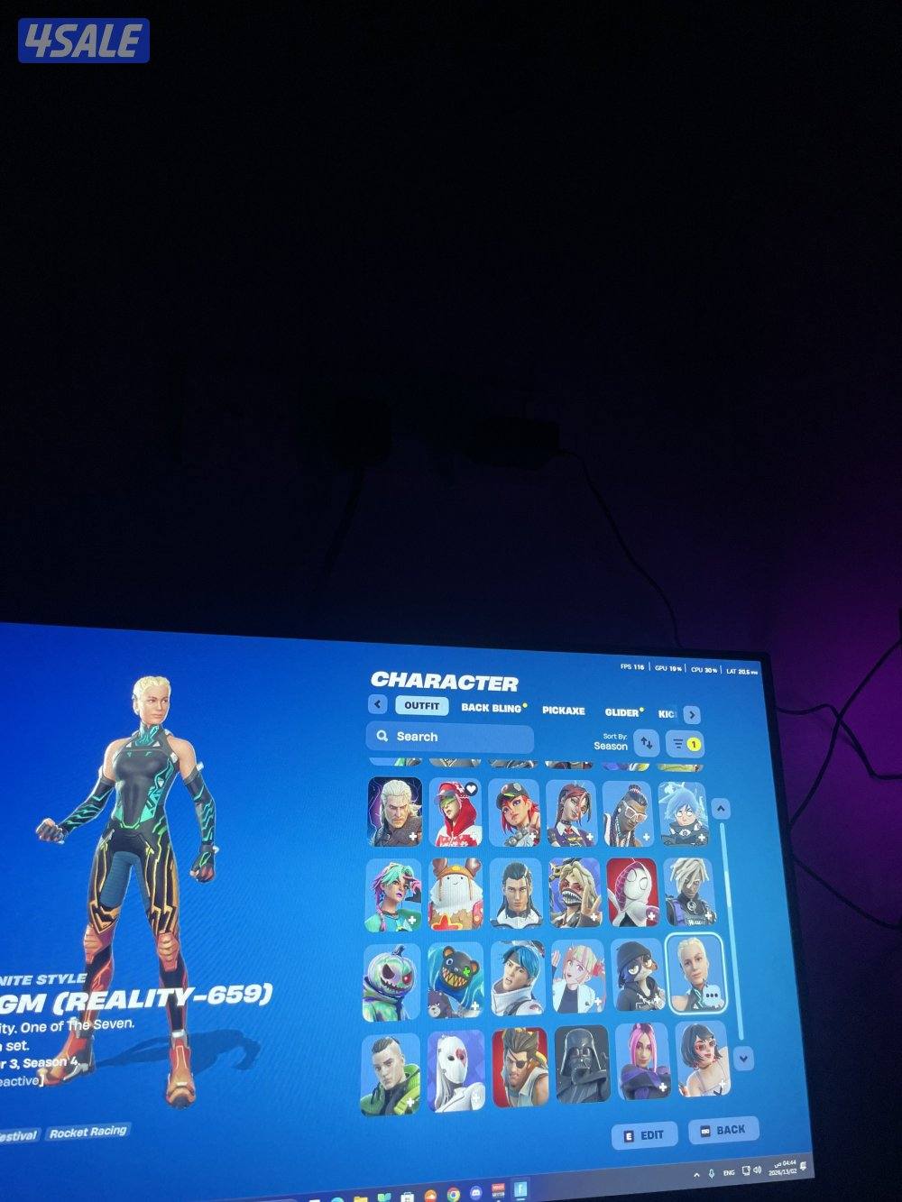 حساب فورتنايت من السيزون الثاني 216 سكن 281 شنطه 246 اكس 185 مضلة4