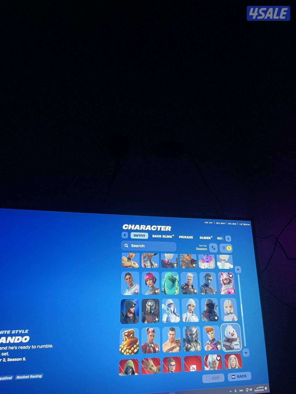 حساب فورتنايت من السيزون الثاني 216 سكن 281 شنطه 246 اكس 185 مضلة6