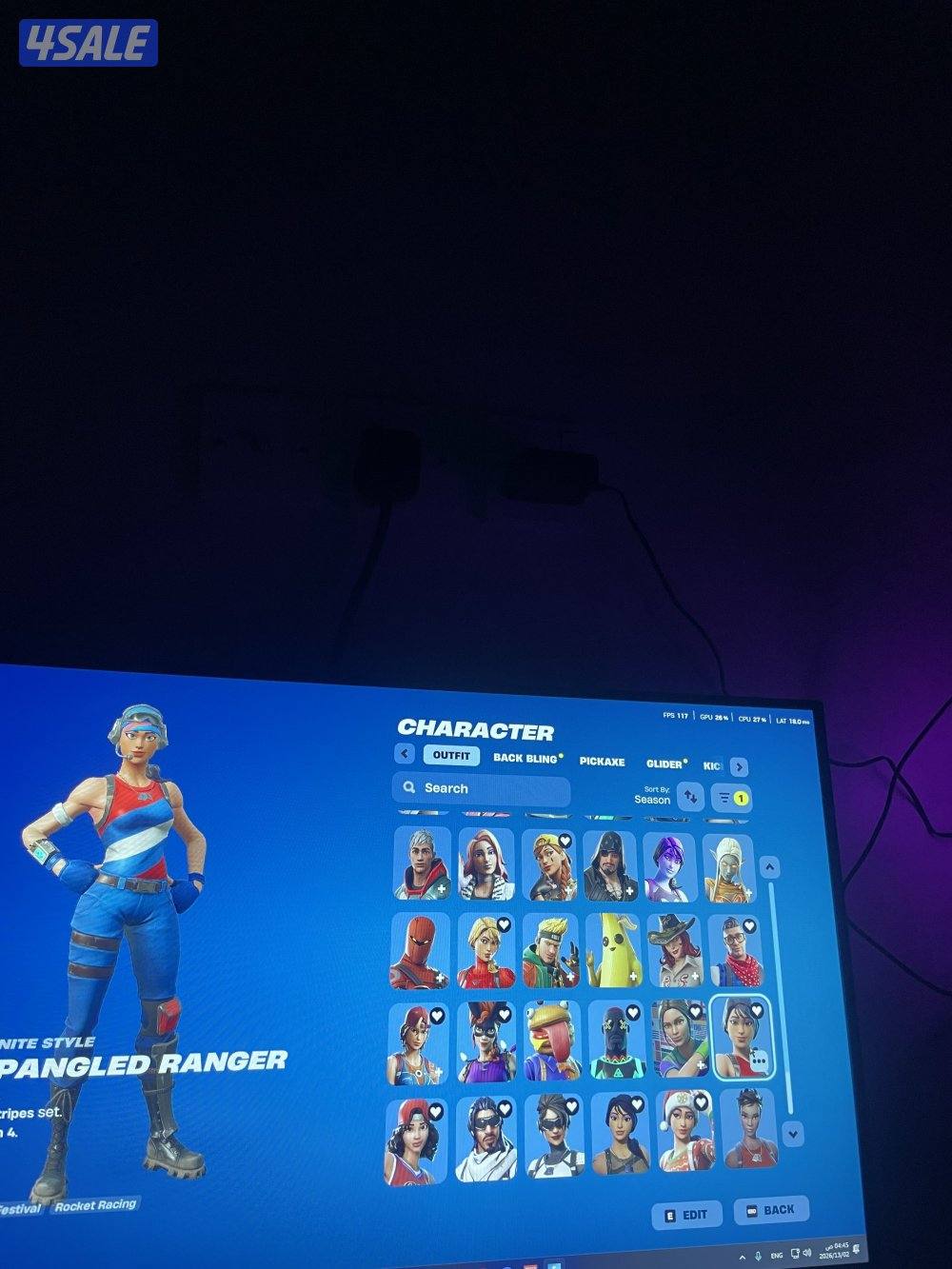 حساب فورتنايت من السيزون الثاني 216 سكن 281 شنطه 246 اكس 185 مضلة9