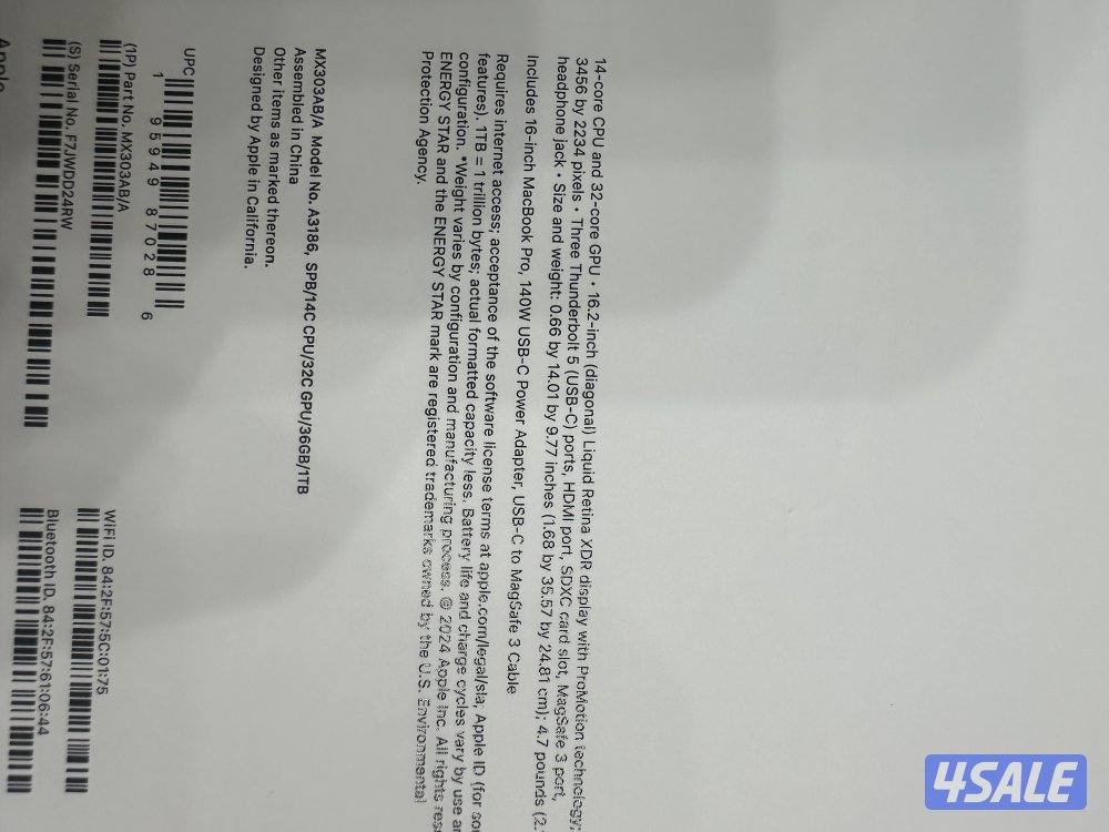 MacBook Pro m4 max SPB/14C CPU/32C GPU/36GB/1TB Battery 100% cycle 201