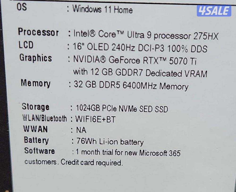 للبيع لابتوب جيمنقAcer Predator 16 Oled Ultra 9 275HX/32Ram DDR5/1TBSS0