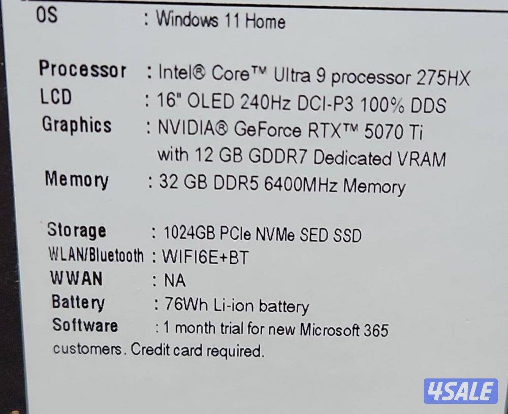 للبيع لابتوب جيمنقAcer Predator 16 Oled Ultra 9 275HX/32Ram DDR5/1TBSS1