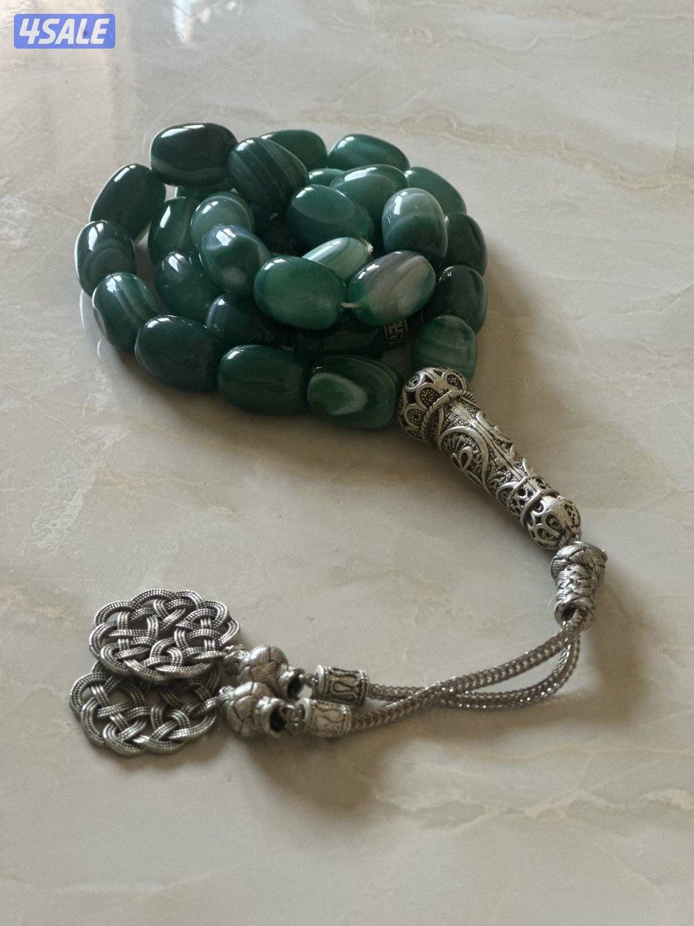 مسباح عقيق أخضر مخطط ثقيل 202 جرام – حبات كبيرة وفخم1