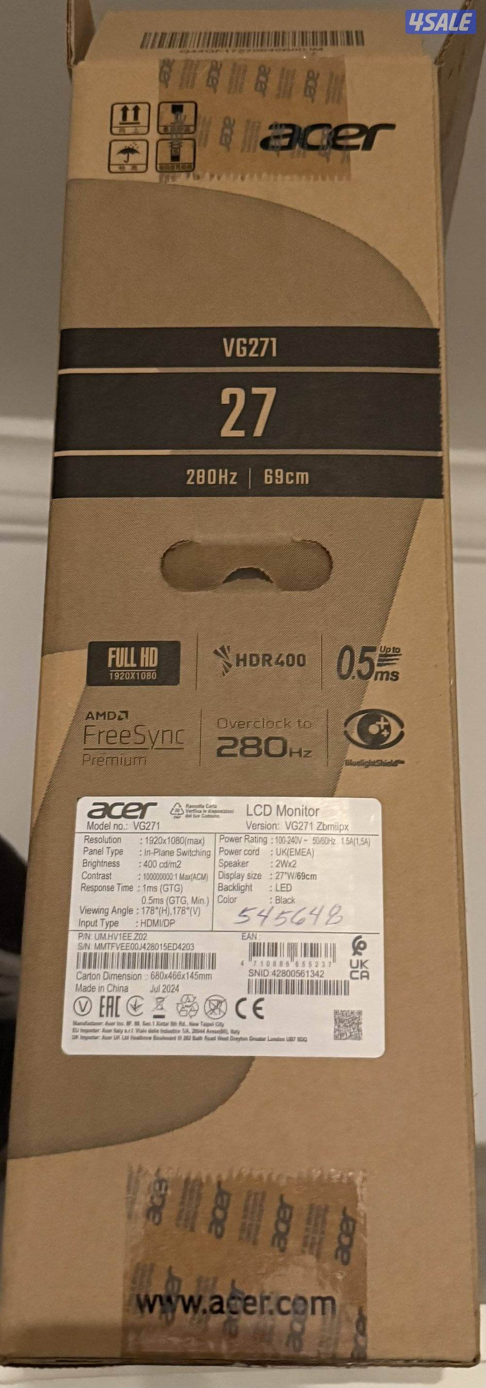 للبيع شاشة Acer Nitro VG271 – 27 بوصة – 280Hz – نظيفة جداً6