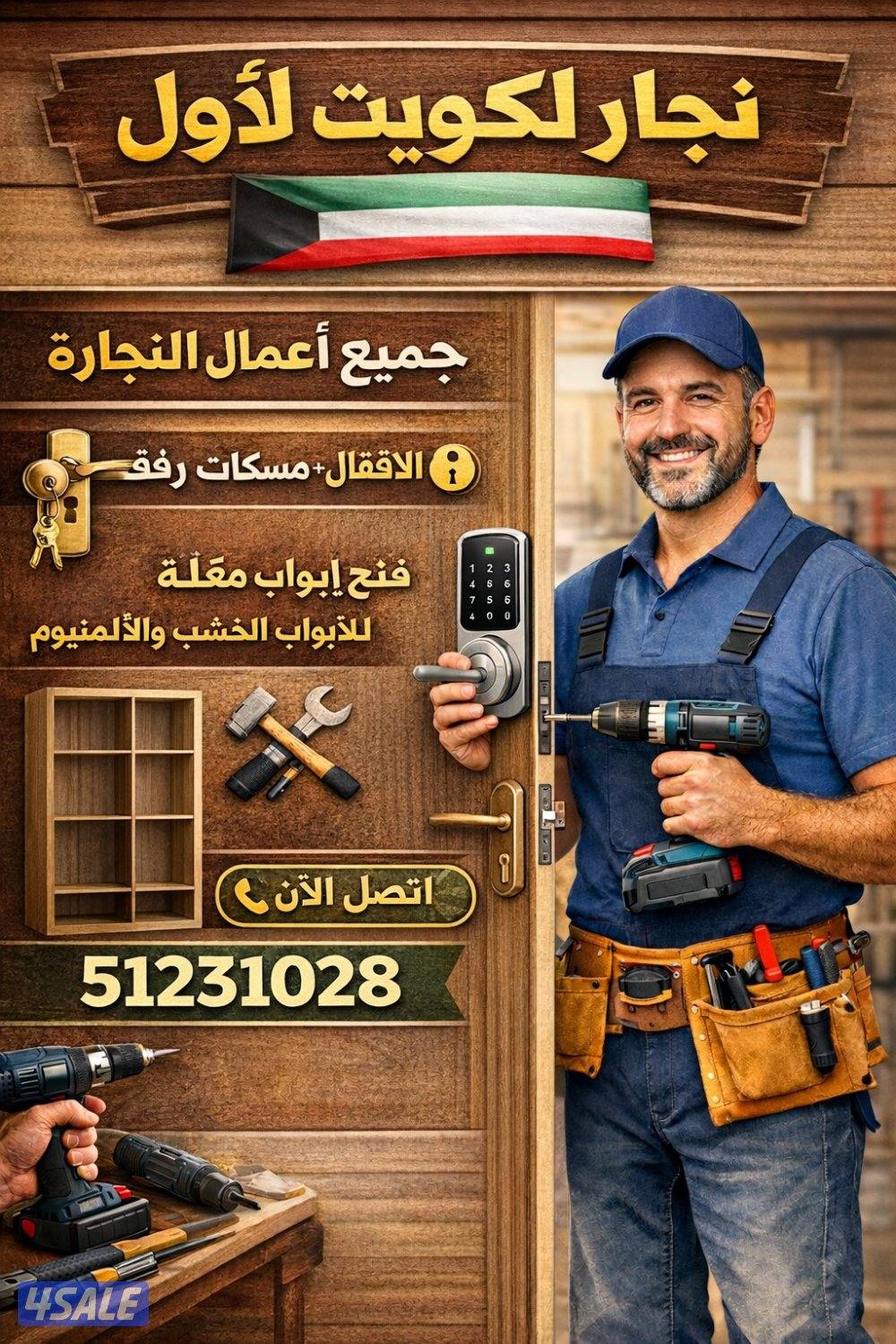 نجار عام
فك وتركيب أقفال
فتح جميع الأبواب
تركيب أرفف وصيانة عامة للخشب1