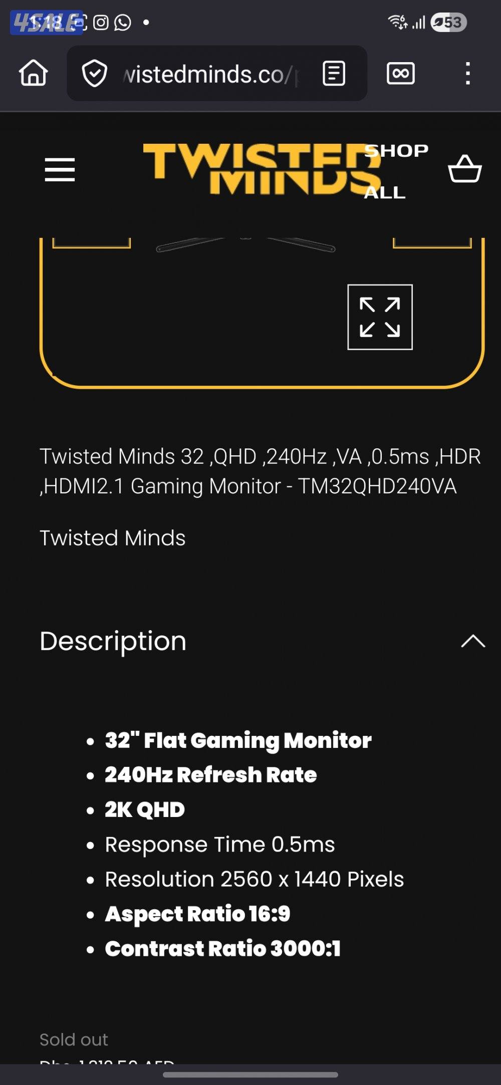 twisted minds Tm32QHD240va 240 hz ,2k QHD, 0.5ms,va panel, hdmi 2.11
