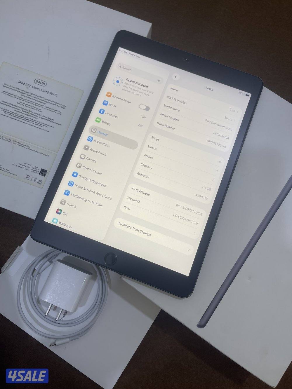 ايباد 9 التاسع 64 قيقا نظيف مو مصلح والحالة ممتازة مع الاغراض3