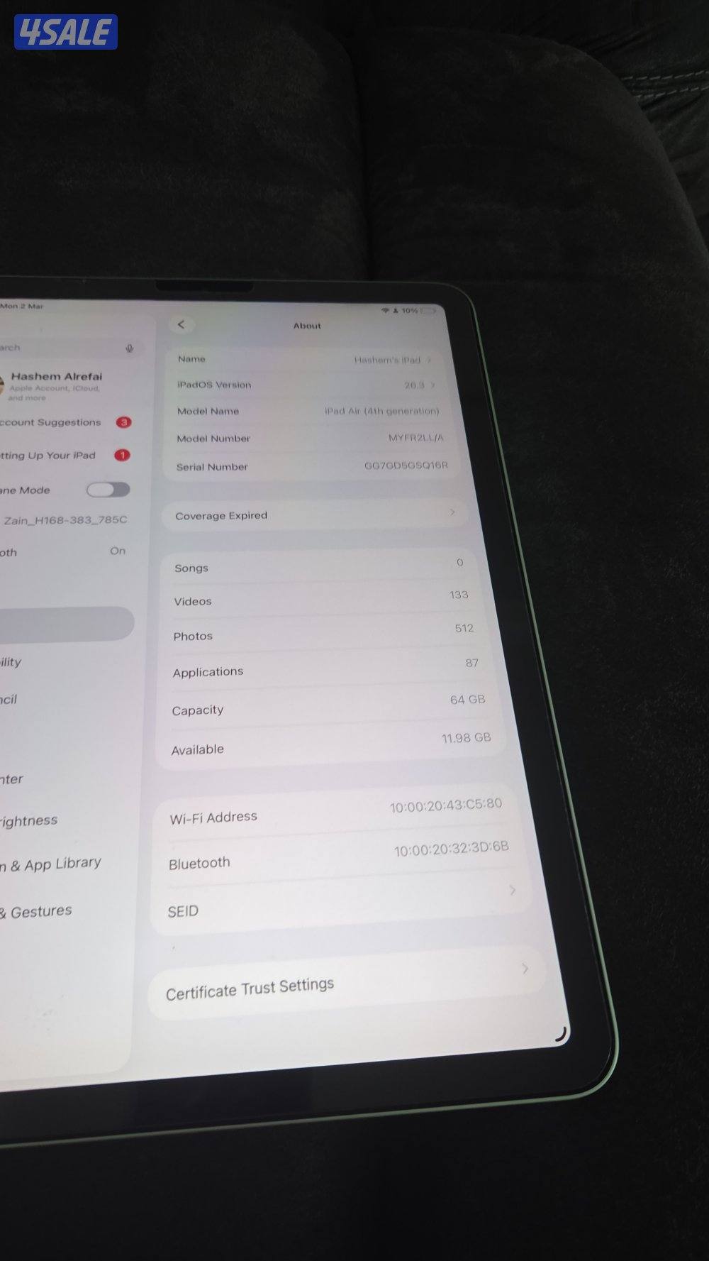 ايباد ابل اير ٤ مستعمل بطاريه ٨٥ او ٦٤ قيقا مو امغير شي كان من ابل1