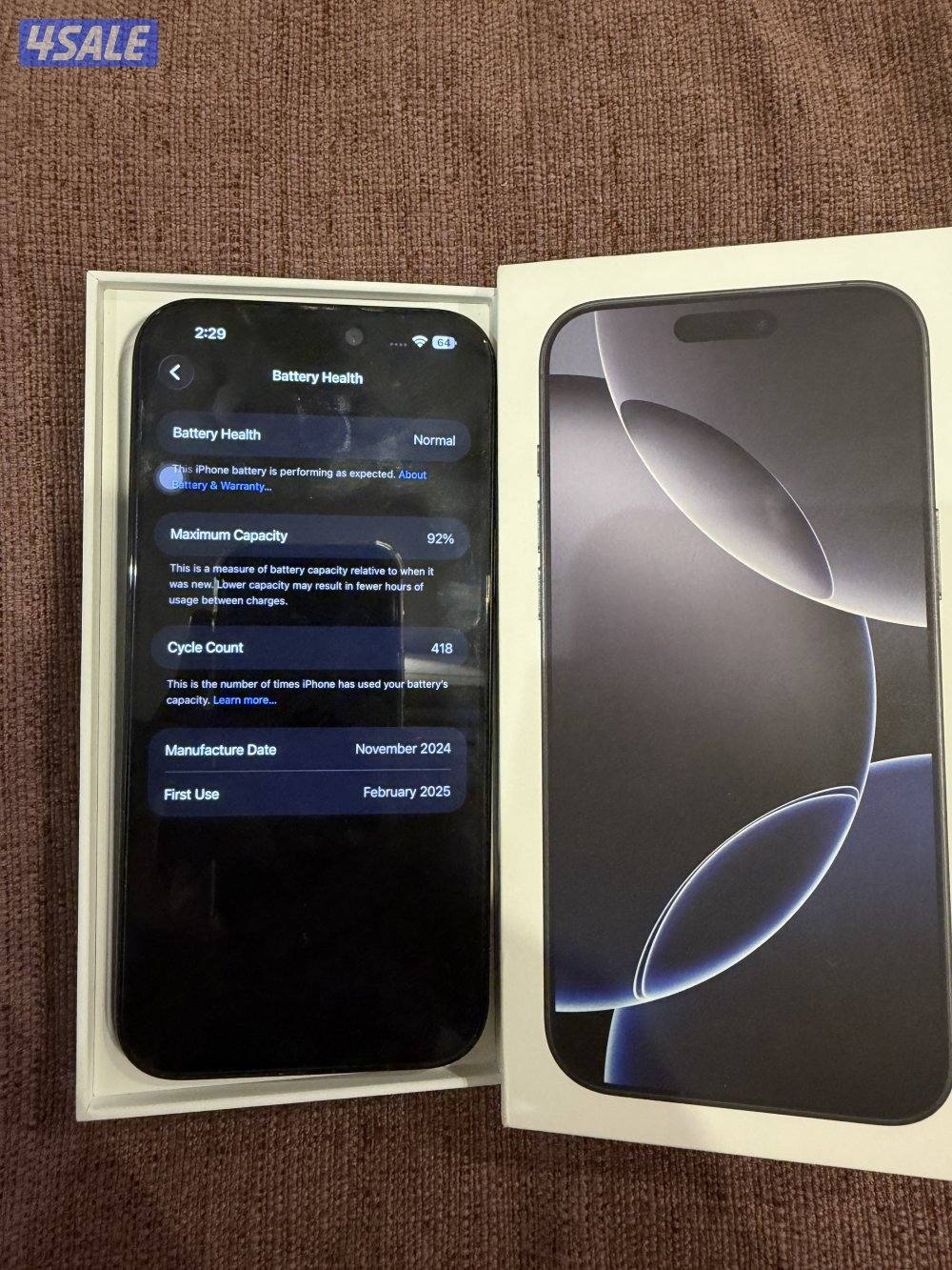 البيع ايفون 16برو ماكس 512جيجا اسود البطارية924