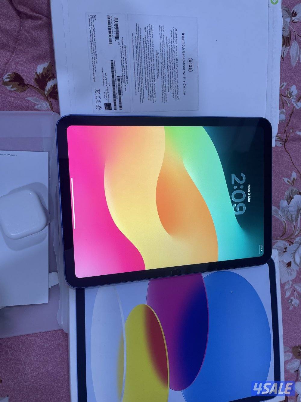 ايباد الجيل العاشر 10 ازرق 64 قيقا بطارية 100 خط شريحة 5g كفالة 11 شهر2