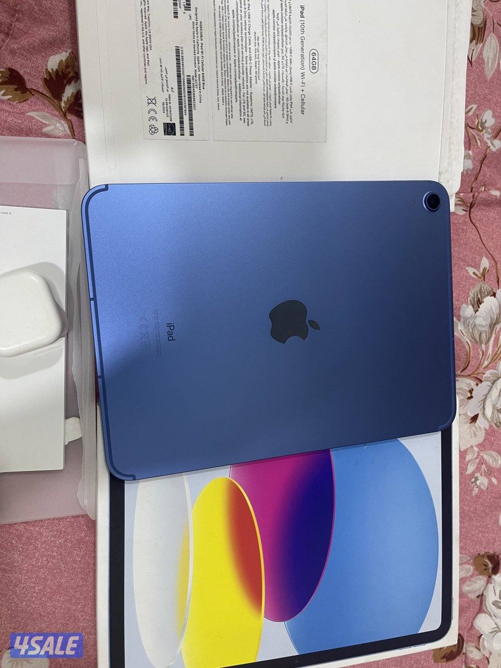 ايباد الجيل العاشر 10 ازرق 64 قيقا بطارية 100 خط شريحة 5g كفالة 11 شهر7