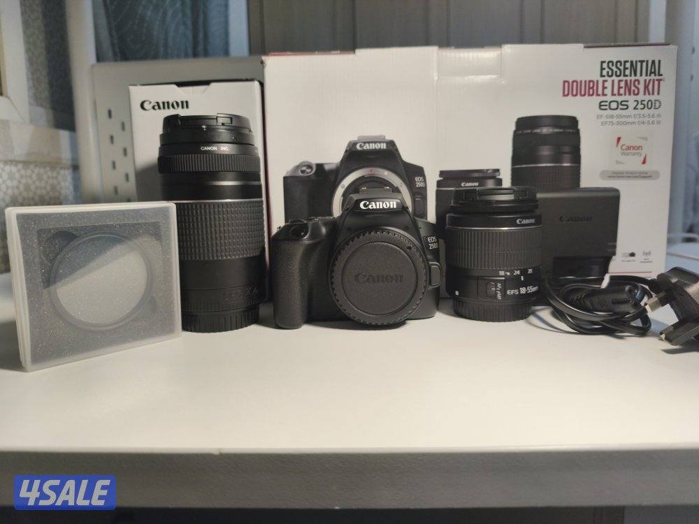 canon 250d with 2 lenses 18mm to 55mm and a 75mm to 300mm0