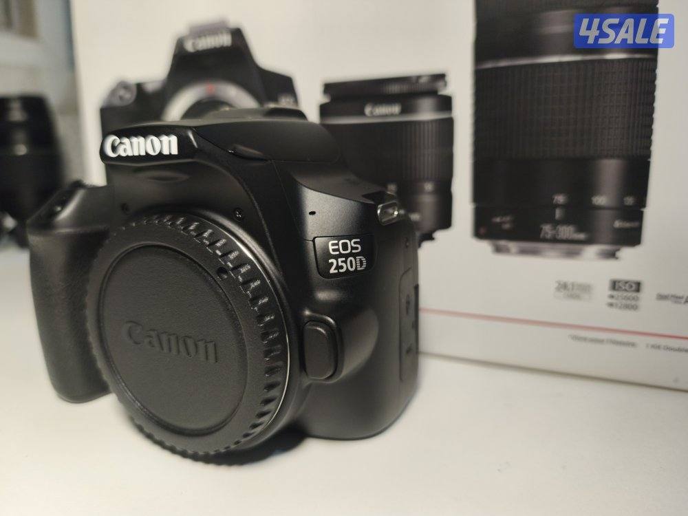 canon 250d with 2 lenses 18mm to 55mm and a 75mm to 300mm4