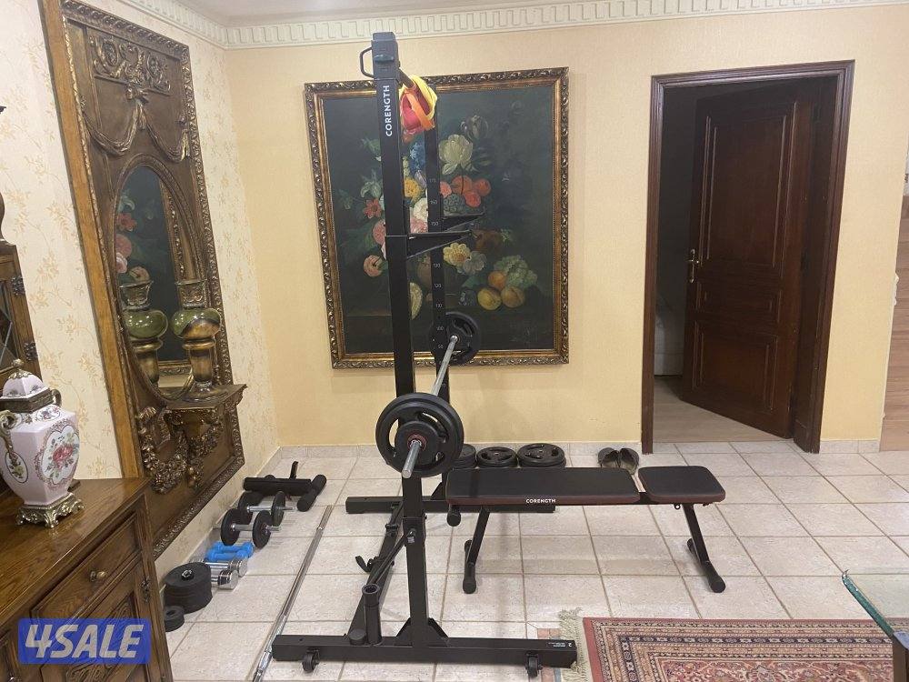 Home gym setup (Rack, Bench, Barbell, Dumbbells, Bands, and Plates)4