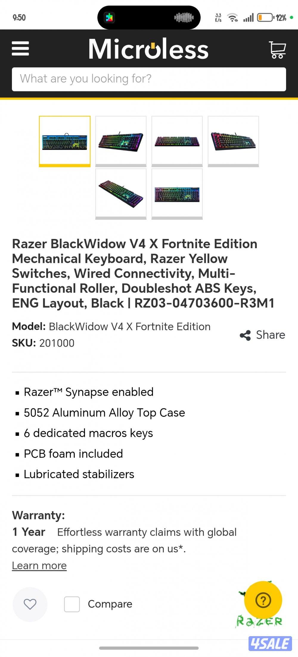 العنوان: للبيع كيبورد ريزر Razer BlackWidow V4 X (Fortnite Edition) -3