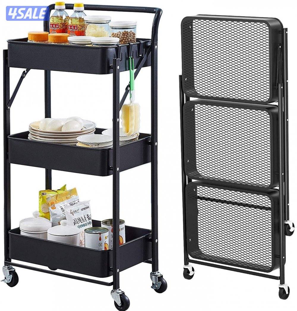 Foldable 3-Tier Rolling Kitchen Storage Cart with Wheels0