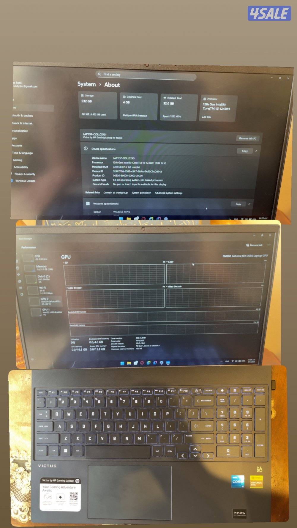 Hp victus 15.6 inch i5-12450h rtx3050 32gb ram 1tb0