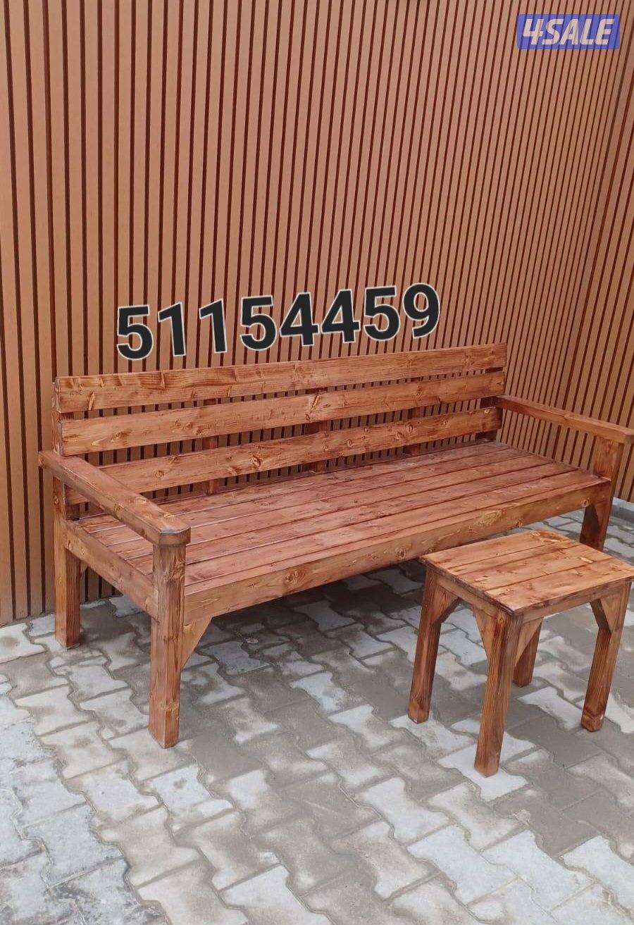 كراسي حدائق خشب وحديد وحديد ملبس خشب مع الطاوله والفرش الجاهز والتفصيل0