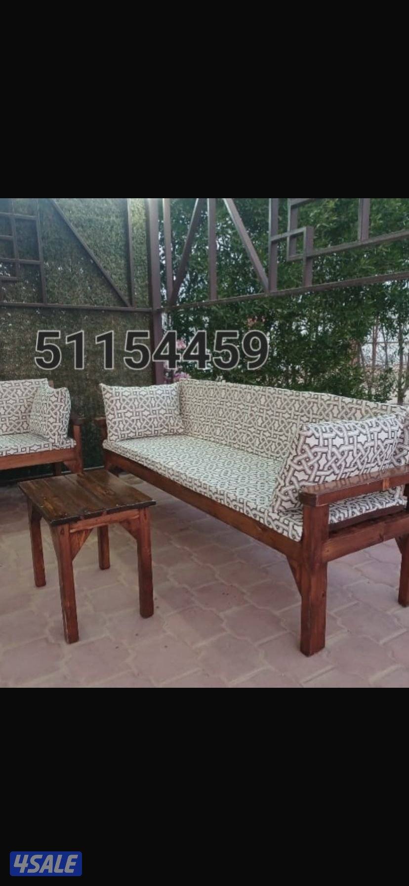 كراسي حدائق خشب وحديد وحديد ملبس خشب مع الطاوله والفرش الجاهز والتفصيل8