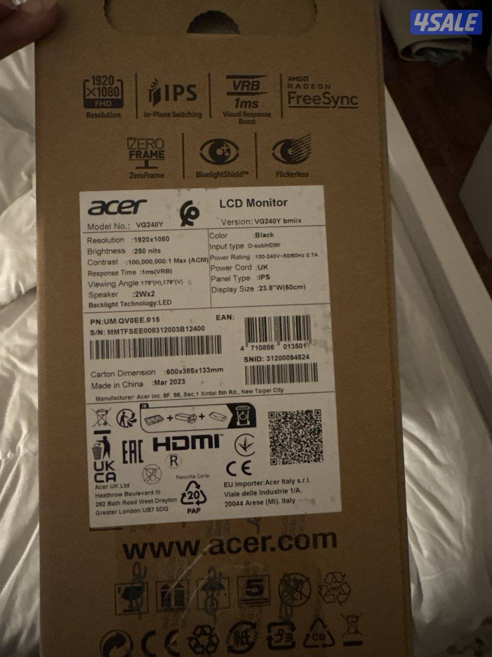 شاشة قيمنق من acer سليم ١٠٠ ٪؜ مع الكرتون ٢٤ بوصه الهيرتز٧٥1