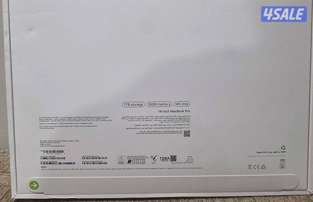 للبيع ماك بوك برو M5 ١٤ شاشة ١ تيرا SSD ١٦ رام جديد كفالة ١سنة بلكرتون3