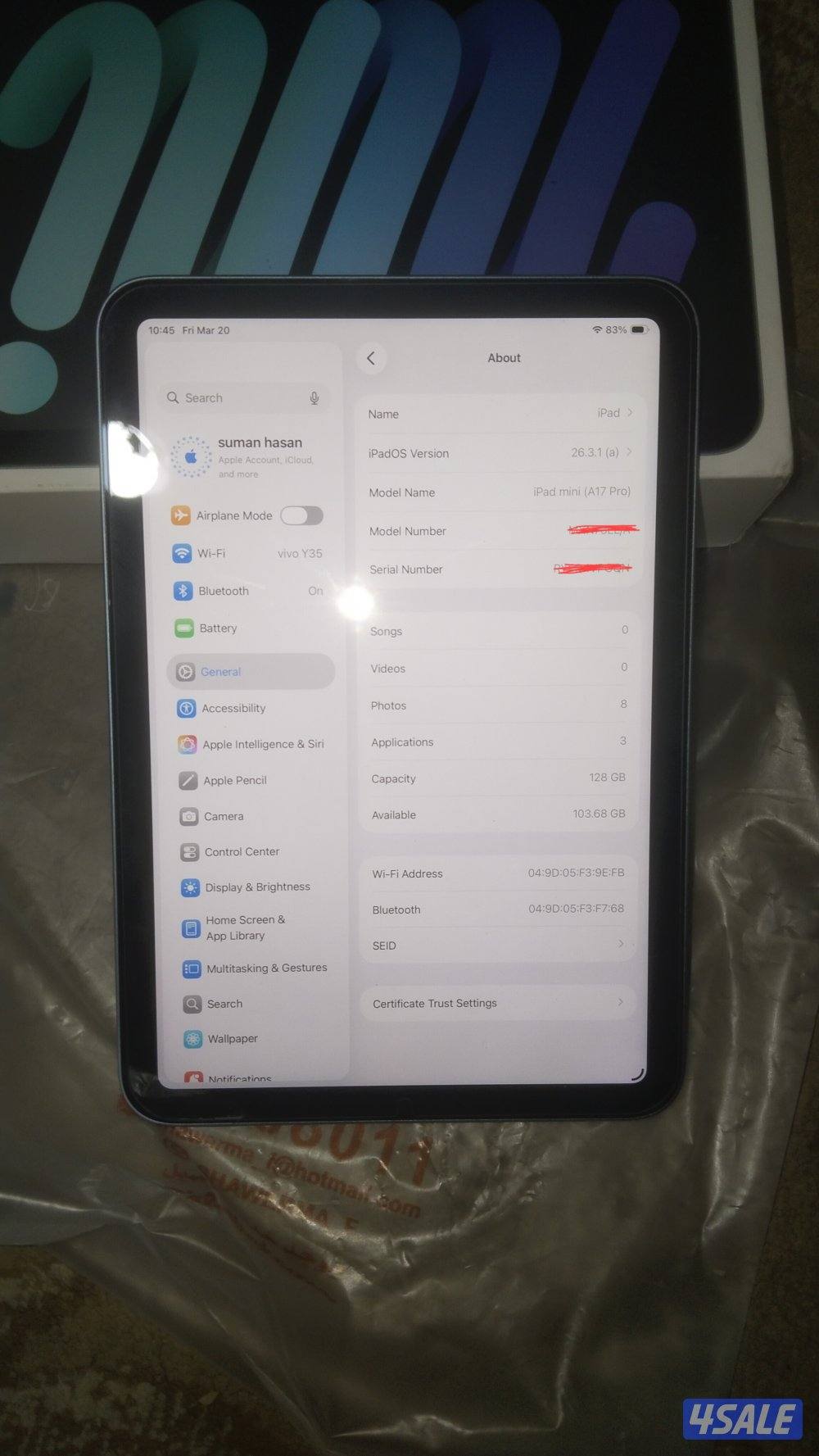i pad mini 7, 128 gb blue, cycle count 22 battery 100% with box cable2