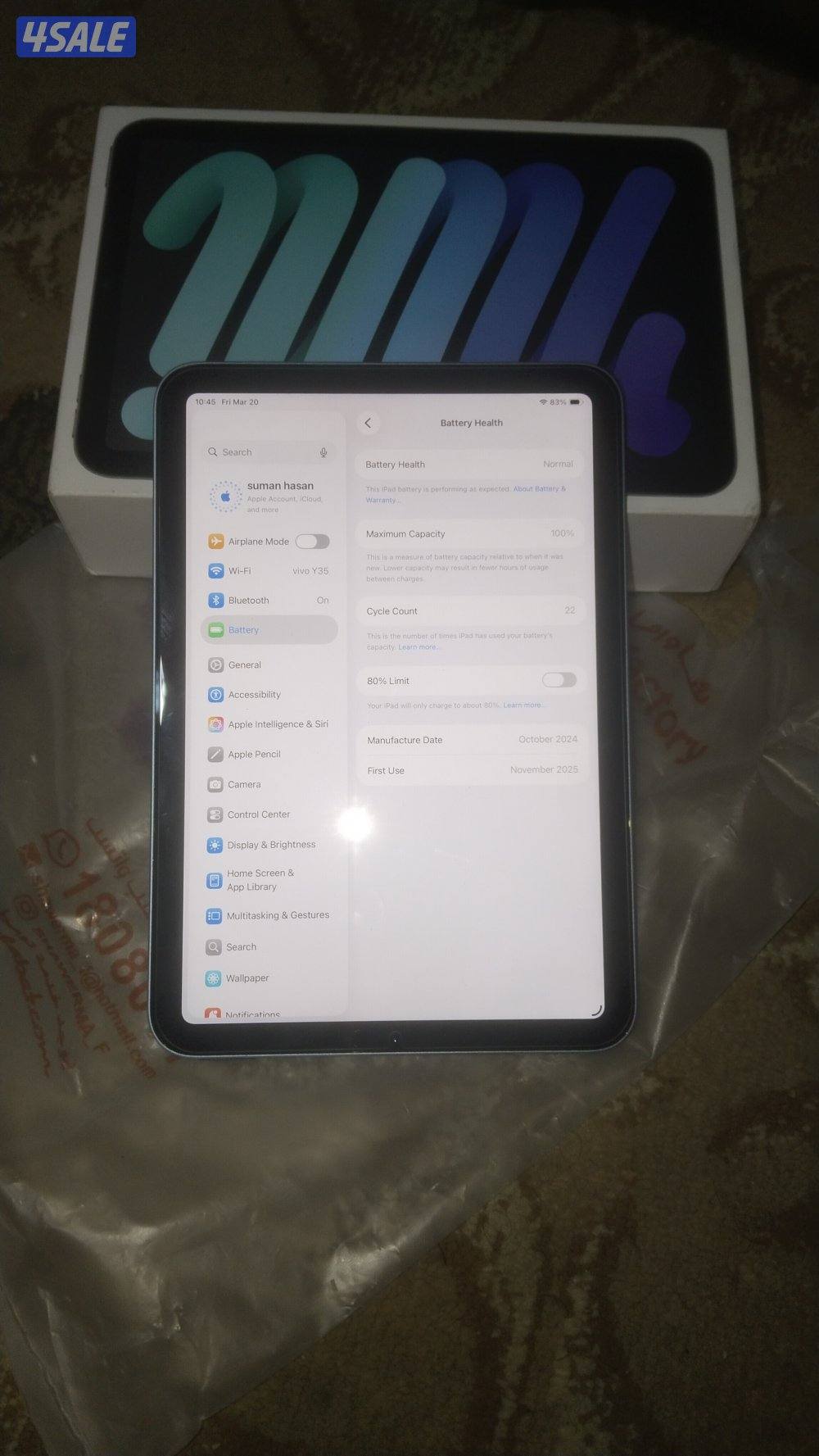 i pad mini 7, 128 gb blue, cycle count 22 battery 100% with box cable3