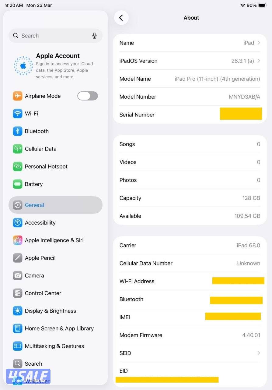 آيباد 11 برو الجيل الرابع 128 جيجا فضي البطارية 92% مستعمل كالجديد9