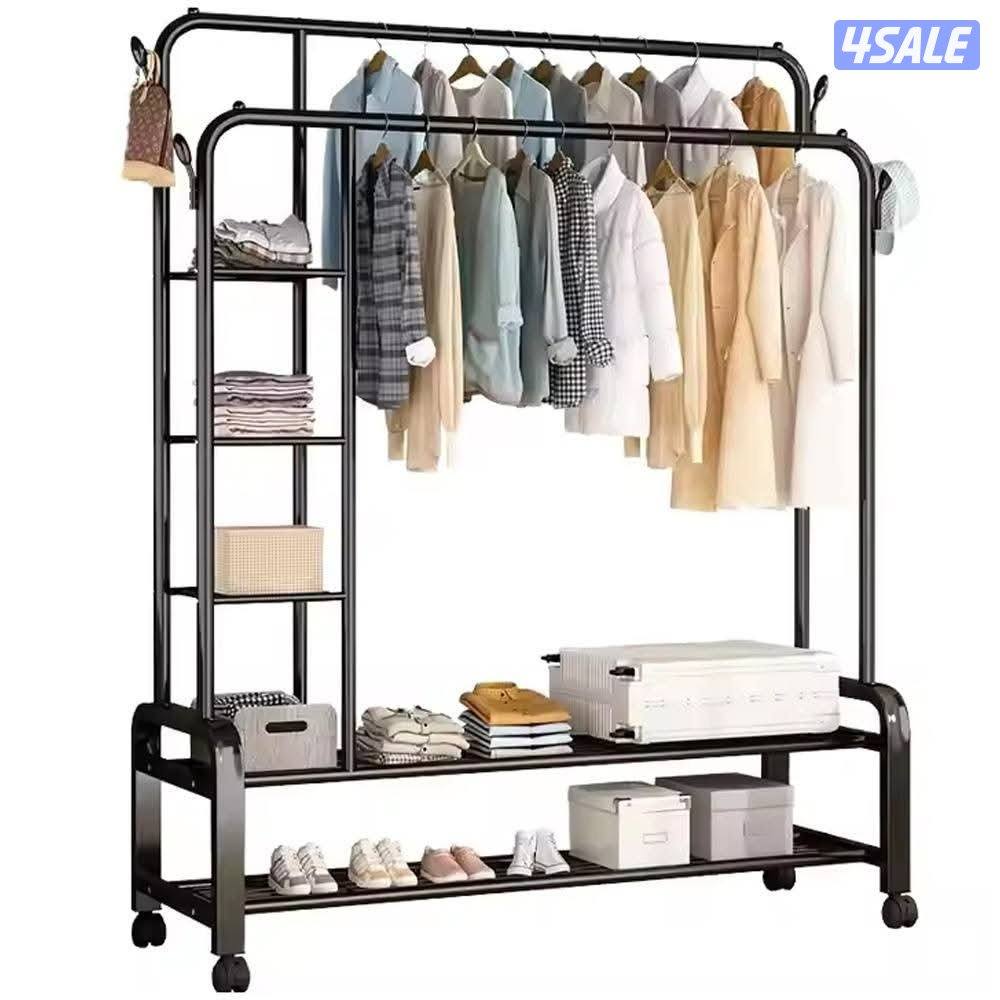 Double Pole Heavy Duty Garment Rack with Shelves and Wheels1