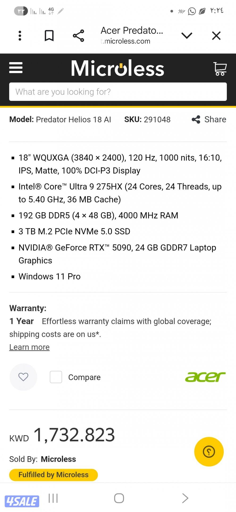 للبيع أقوى لاب توب بالعالم الترا9 رامات 192 جيجا 5090 كرت شاشة 24 جيجا3