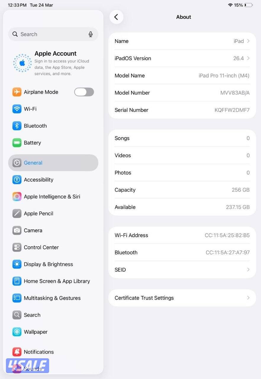 آيباد برو 11 انش – 256 جيجا أسود – معالج M4 – واي فاي مستعمل كالجديد9
