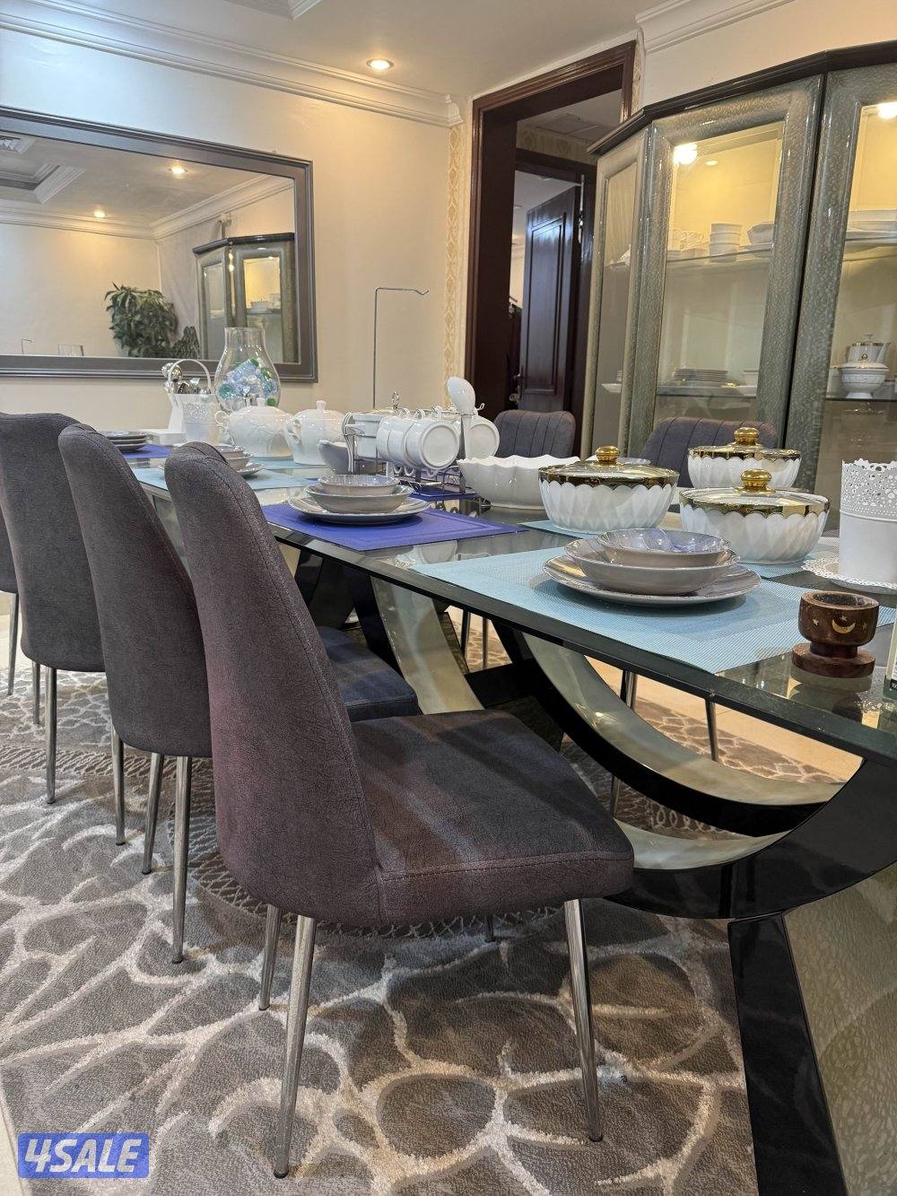 Large glass dining table , chairs for 8 persons with cabinat& mirror0