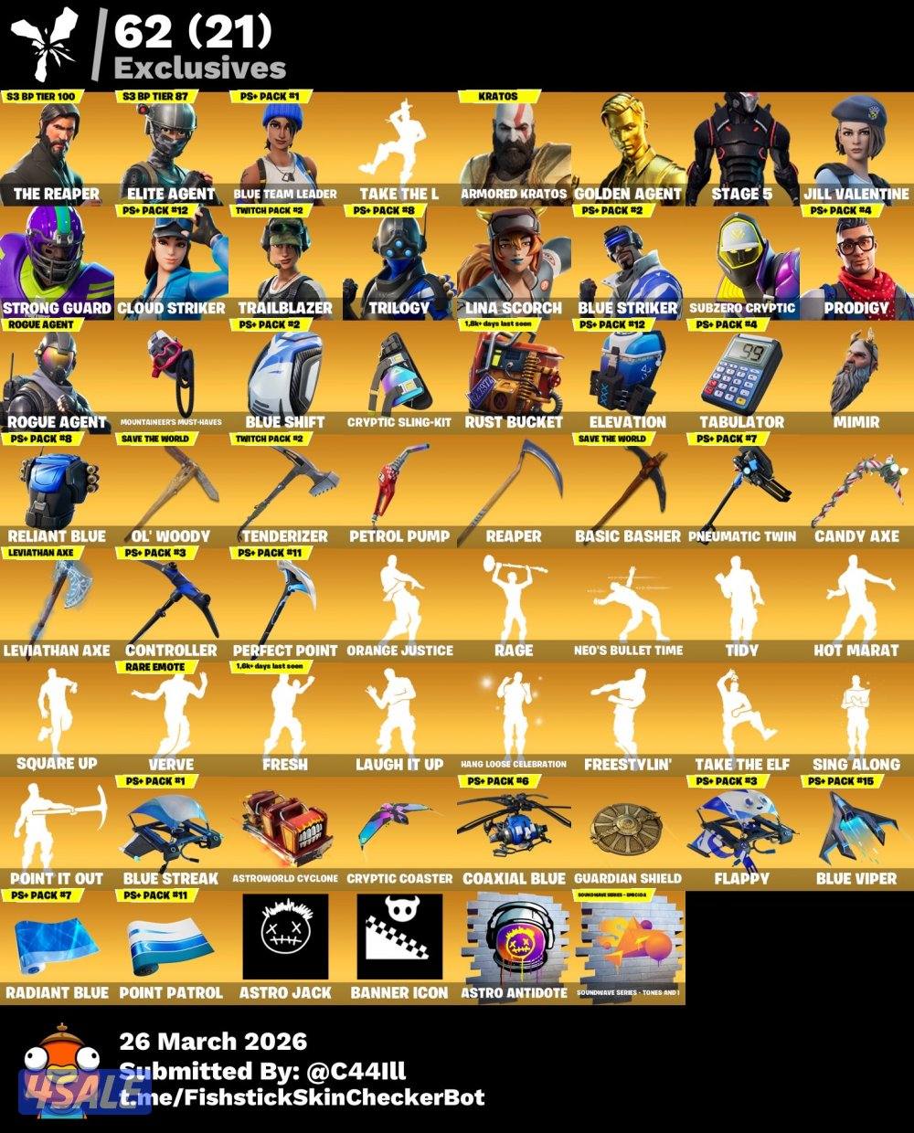 حساب فورت سيزون الثالث كامل 250+ سكن آكس كريتوس وحزم نادره4